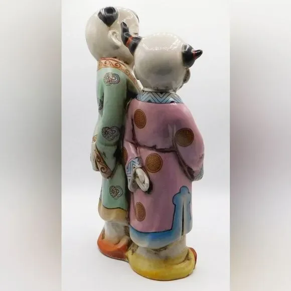 Vintage Antique Japanese Porcelain Polychrome Kutani Imari Double Statue 14"Tall - Picture 7 of 9